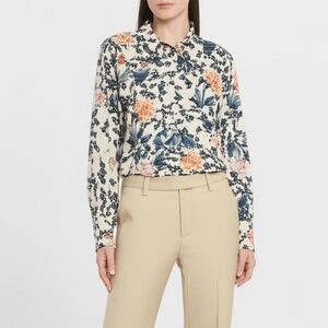 T Tahari Blouse XS‎ Blue Floral Collared Button-Up Blouse Elegant Chic Feminine